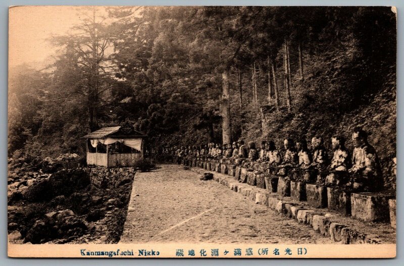 Postcard Nikko Japan c1920s Kanmangafuchi Abyss Row of Stone Statues of Jizo