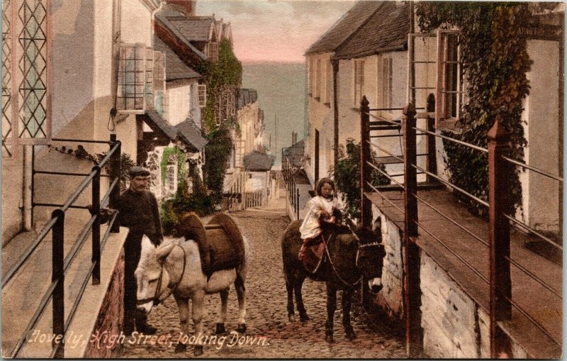 Clovelly High Street Looking Down Mules Child Antique Postcard DB UNP WOB Note 
