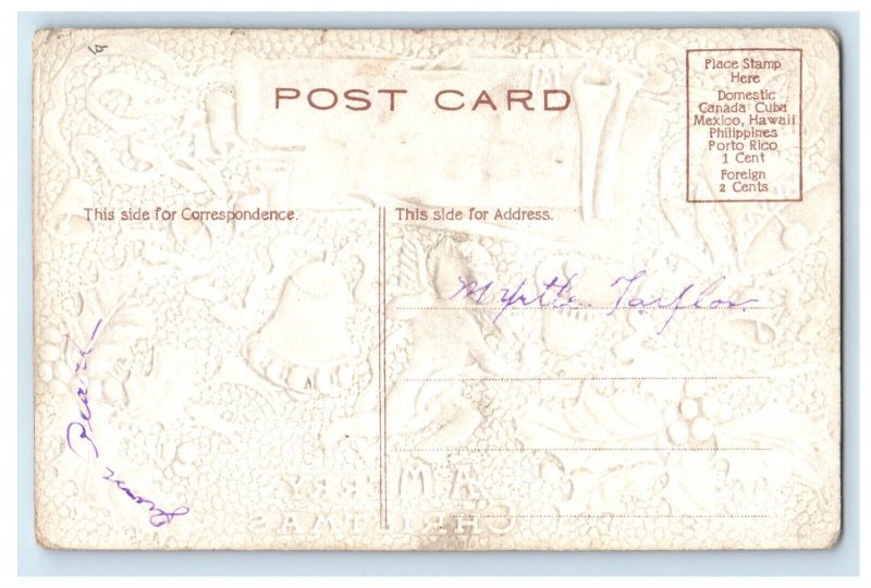 c1910's Merry Christmas Floating Angel Holly Berries Bell Embossed Postcard