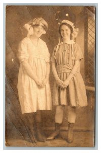 Vintage 1920's RPPC Postcard - Studio Portrait of Two Cute Woman in Bonnets