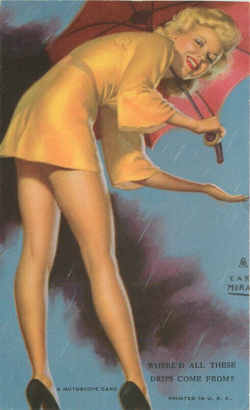 1940s Mutoscope Sexy Woman Earl Moran Umbrella Postcard 22-10781