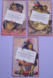 1800s Lot of 3 Anthropomorphic Frog Bird Dog Atwood Winchendon Mass Trade Cards