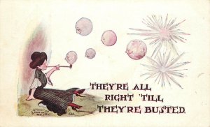 Fantasy Embossed Postcard Woman Blows Bubbles w/ Faces, All Right Til Busted 230