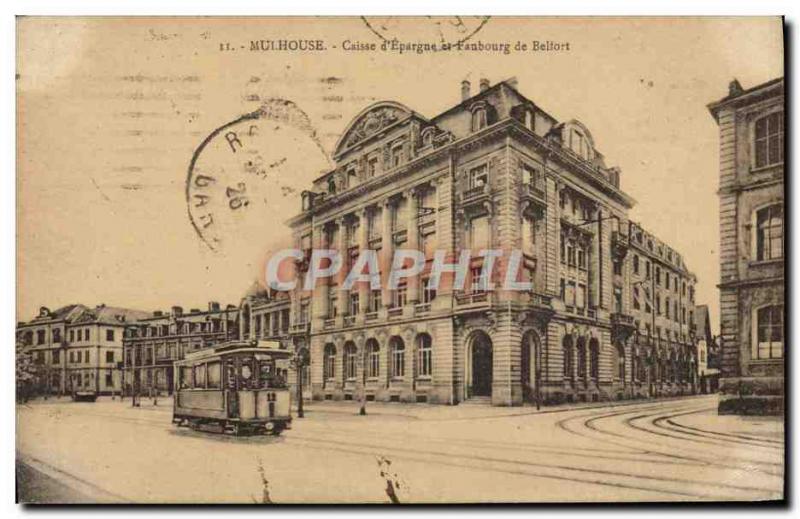 Old Postcard Mulhouse Bank Caisse d & # 39Epargne and Faubourg Belfort Tramway