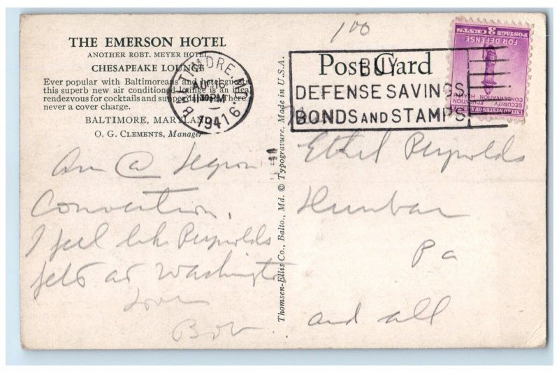 1941 The Emerson Hotel Chesapeake Lounge Dining Baltimore Maryland MD Postcard