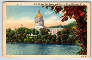 Postcard State Capital Kanawha River Charleston West Virginia Linen 1940 Vintage
