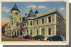 Augusta, Maine/ME Postcard, US Post Office, 1940's Cars