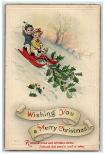 1921 Merry Christmas Children Sledding Holly Berries Winter Chicago IL Postcard