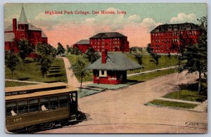 K44/ Des Moines Iowa Postcard c1910 Highland Park College Trolley 268