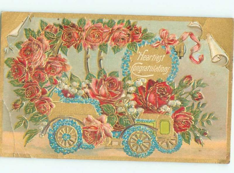 Pre-Linen ANTIQUE CAR DECORATED WITH ROSES & FORGET-ME-NOT FLOWERS AC4087