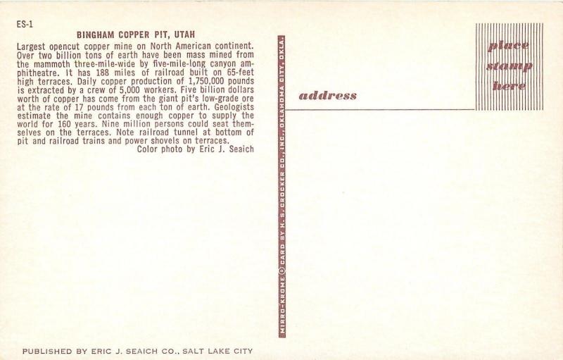 Bingham UT~Bingham Copper Pit Mine~1950s Seaich Postcard