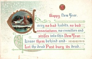 Vintage Postcard 1909 Happy New Year Greetings & Wishes Landscape Home Winter