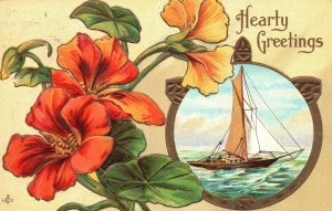 Vintage Postcard 1910's Hearty Greetings Flowers Boats & Ships Seascape