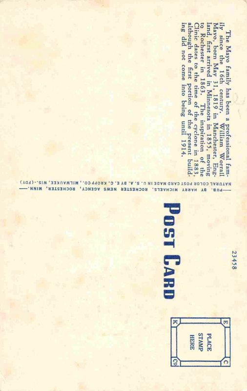 Mayo Clinic Rochester Minnesota linen postcard