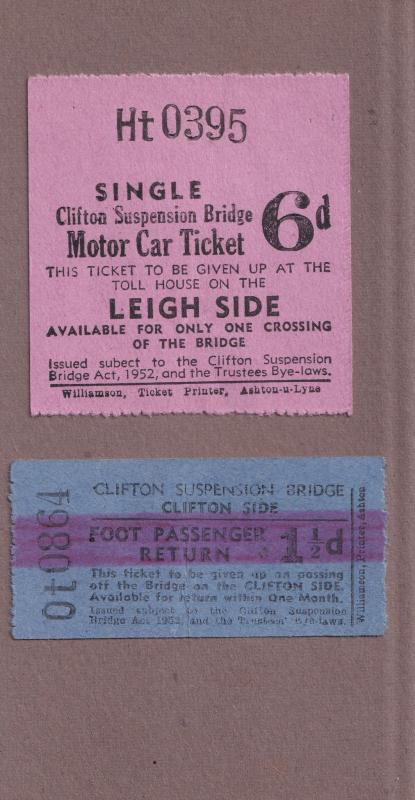 Clifton Suspension Bridge Toll 1950s 2x Ticket s