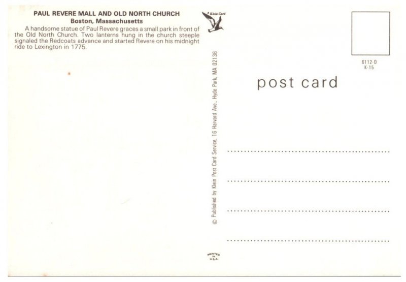 Paul Revere Mall And Old North Church Boston Massachusetts Postcard