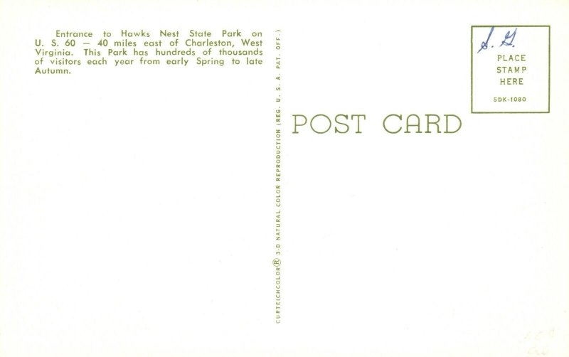 Vintage Postcard 1920's Entrance Hawks Nest State Park Charleston West Virginia
