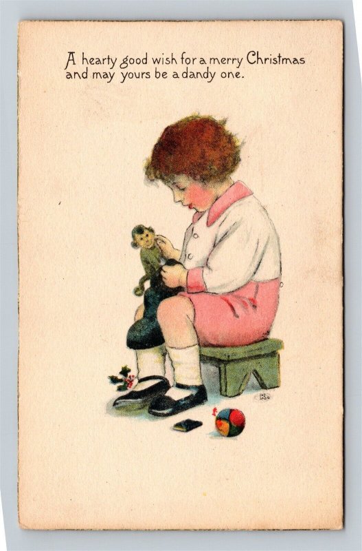 1920's Postcard Christmas Boy Playing With Toy Monkey Winch Back