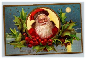 Vintage 1909 Christmas Postcard - Santa Claus Mistletoe Holly Berries Embossed
