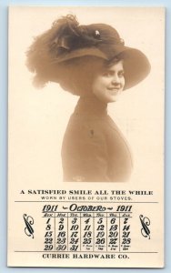 Pretty Woman Postcard RPPC Photo Big Hat Currie Hardware Co Advertising 1911