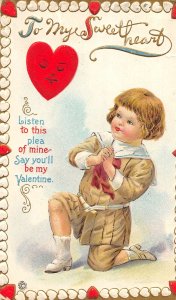 H53/ Valentine's Day Love Holiday Postcard c1910 Heart Border Child Kneel 56