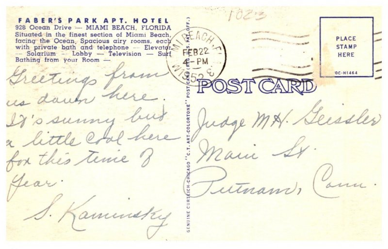 Florida  Miami Beach  Faber's Park Apt. Hotel