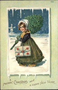 Christmas Little Girl with Envelopes and Clovers c1910 Vintage Postcard