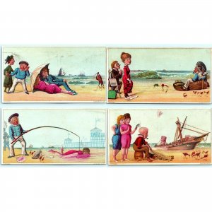 c1880s Series Ladies Play Beach Comedy Trade Card Ketterlinus Litho LOT of 4 C13