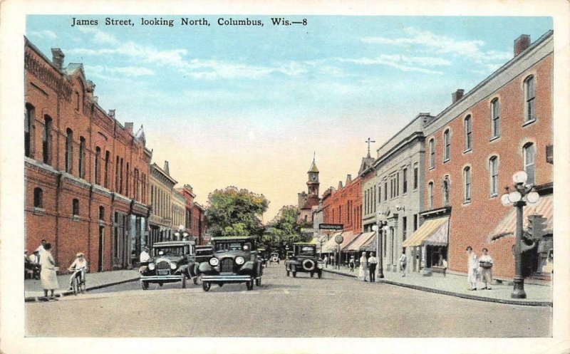 COLUMBUS, WI Wisconsin JAMES STREET SCENE~North  CARS~BICYCLE  c1920's Postcard