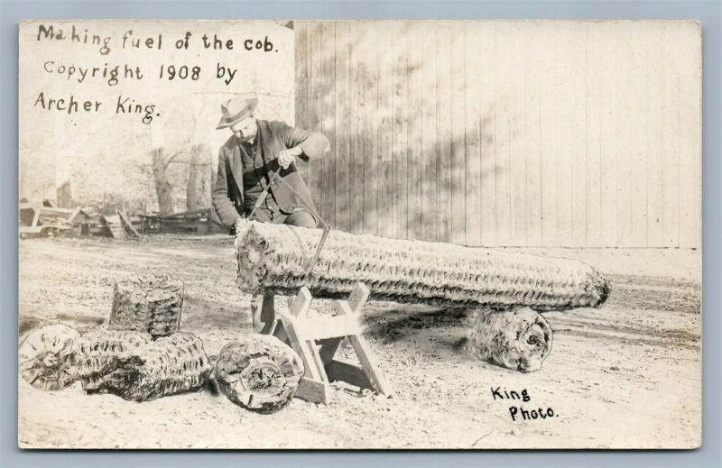 EXAGGERATED CORN ANTIQUE REAL PHOTO POSTCARD RPPC by ARCHER KING making fuel 