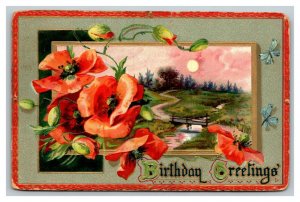 Vintage 1910 Tuck's Birthday Postcard Nice Orange Flowers Butterflies Landscape