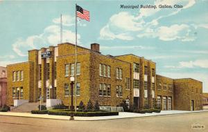 Galion Ohio~Municipal Building~American Flag on Street Corner~1950s Postcard