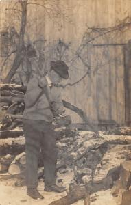 D94/ Occupational Real Photo RPPC Postcard c1910 Man Axe Chopping Wood 20