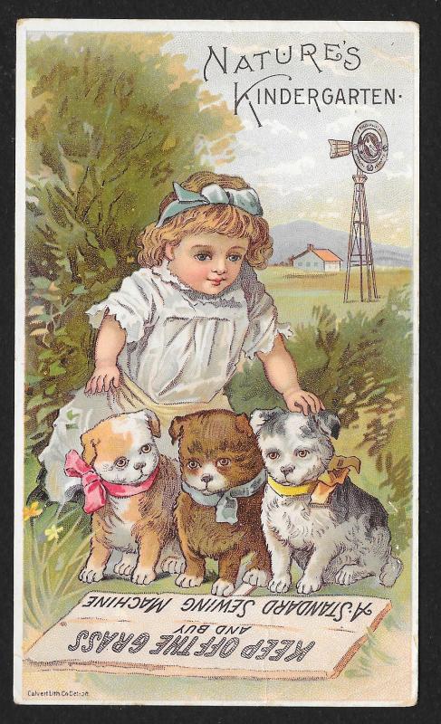 VICTORIAN TRADE CARD Standard Sewing Co Pretty Girl & Three Puppies 'Keep off th