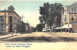 Rockland MA Union Street Storefronts Trolley Tracks Postcard