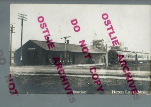 Heron Lake MINNESOTA RPPC 1912 DEPOT TRAIN at STATION nr Windom Fulda Lakefield