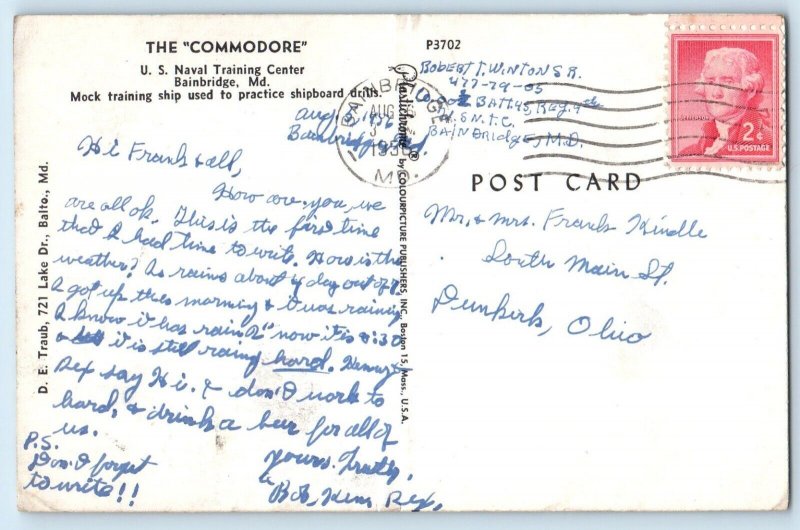 c1956 Bainbridge Maryland Postcard Commodore U. S. Naval Training Center Posted