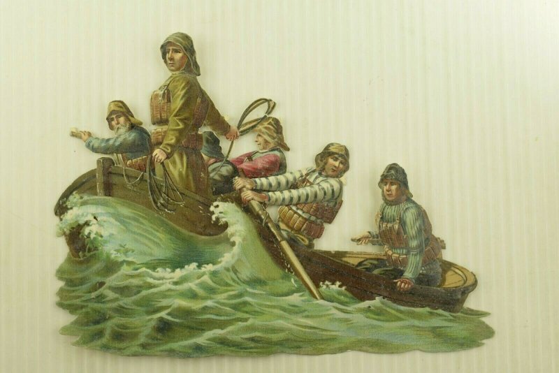 1880's Die-Cut Fishermen Boat Sea Waves Fab! 7-O