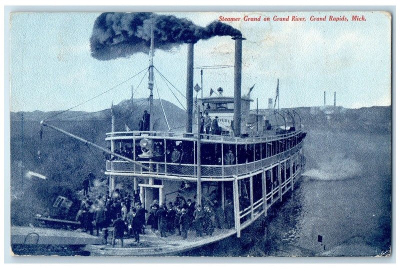 1907 Steamer Grand On Grand River Scene Grand Rapids Michigan MI Posted Postcard