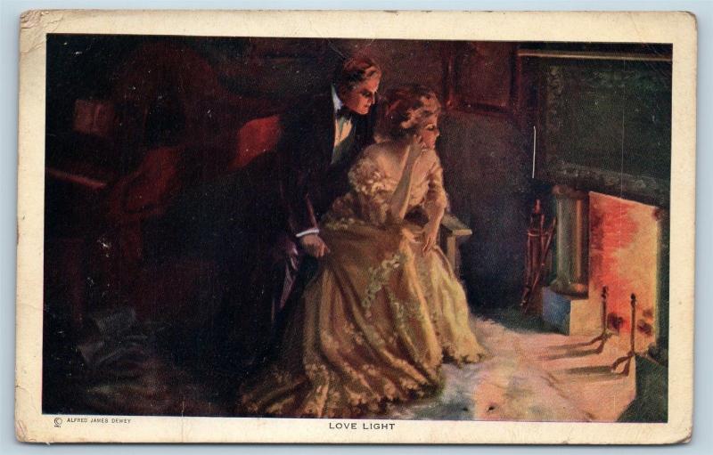 Postcard A/S James Alfred Dewey Love Light Romantic Man Woman Fireplace M03