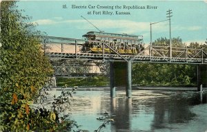 c1910 Fort Riley Kansas Electric Car Republican River Postcard 26-264