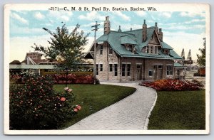 Racine Wisconsin~CM & St Paul Railway Train Station~Flowers Along Path~1924 PC
