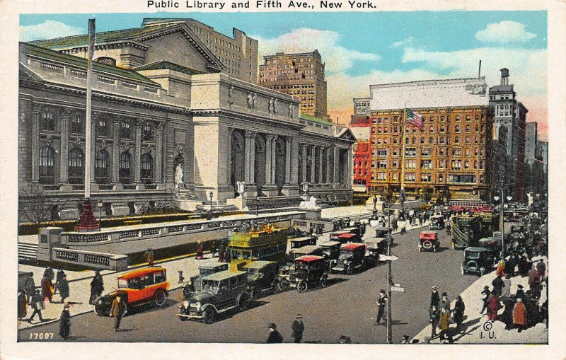 Public Library and Fifth Ave, Manhattan, New York, N.Y., Early Postcard, Unused