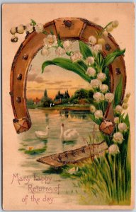 Many Happy Returns Of The Day, Horseshoe Lily Of The Valley Swans Lake, Postcard