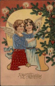 Christmas Little Girl Angels with Candles and Tree Embossed c1910 Postcard