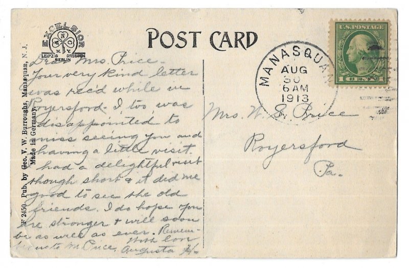 View of the River, Manasquan, New Jersey Divided Back Postcard, Mailed 1913