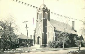 Audubon Iowa Catholic Church Parsonage 1940s RPPC Photo Postcard Cook 3766