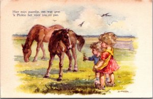 Children Playing Outside With Horses Vintage Postcard C187