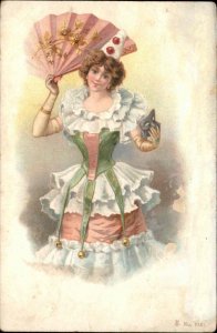 Pierrot or Jester Beautiful Woman Fan & Mask c1905 Postcard