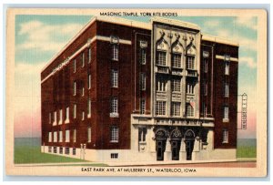 c1940 Masonic Temple York Rite Bodies Park Mulberry St. Waterloo Iowa Postcard